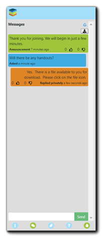 Screenshot: Messages panel, with Announcements, Attendee question, and Presenter response displayed.