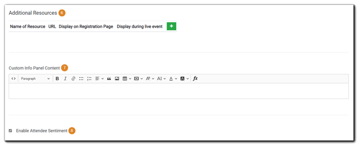 Screenshot: Engage Section options: Additional Resources, Custom Info Panel Content, and Attendee Sentiment.