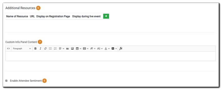 Screenshot: Engage Section options: Additional Resources, Custom Info Panel Content, and Attendee Sentiment.