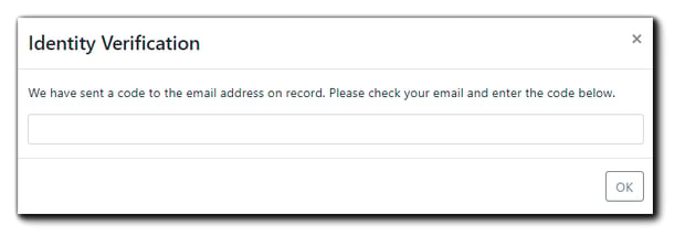 Screenshot: Edit/Cancel registration Identity Verification. Transcript: "We have sent a code to the email address on record. Please check your email and enter the code below."