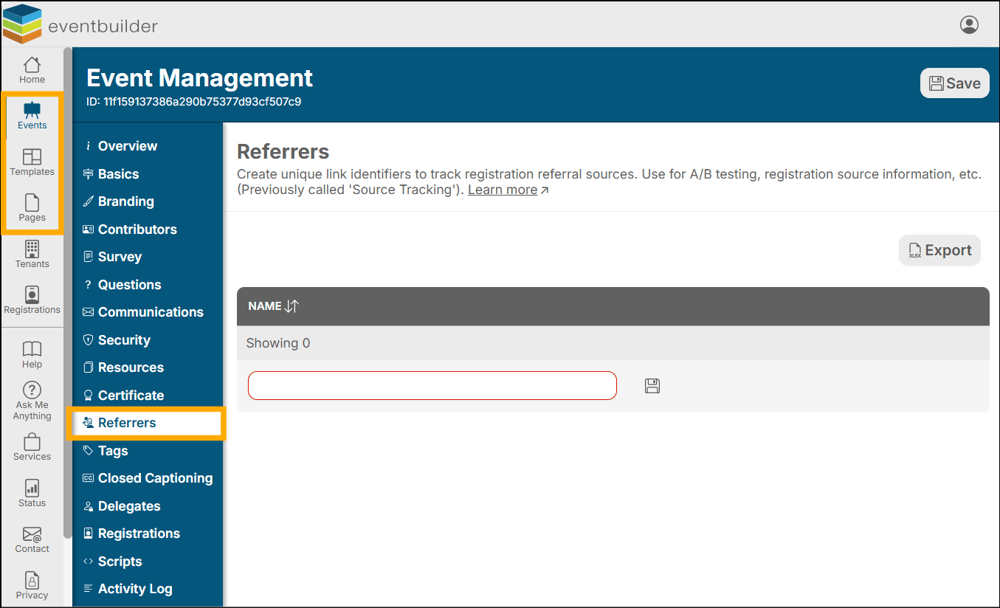 A screenshot of EventBuilder software