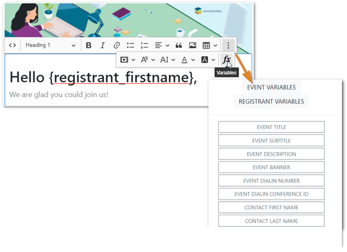 Screenshot: HTML editor in Communicate section with FX database variables button highlighted, and the variable selection window open.