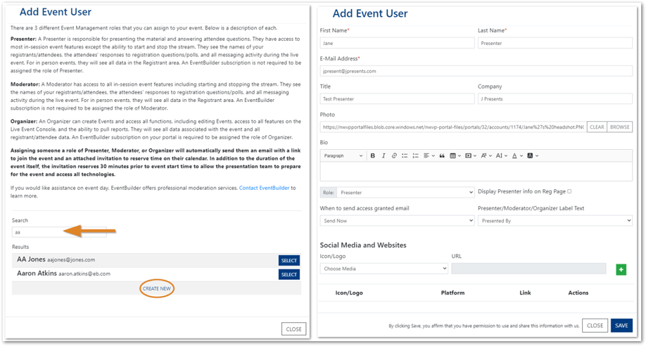 Screenshots: Side-by-side images of the Add Event User search dialog and Presenter/Moderator Event User information dialog.