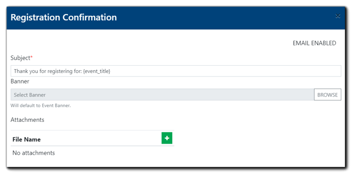 Screenshot: top of the window for customizing emails, including the subject line and banner selection.