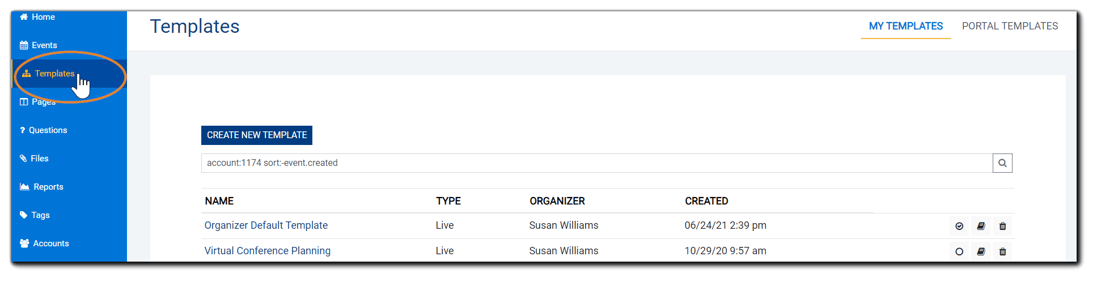 Screenshot: Templates view, with left navigation Template option highlighted.