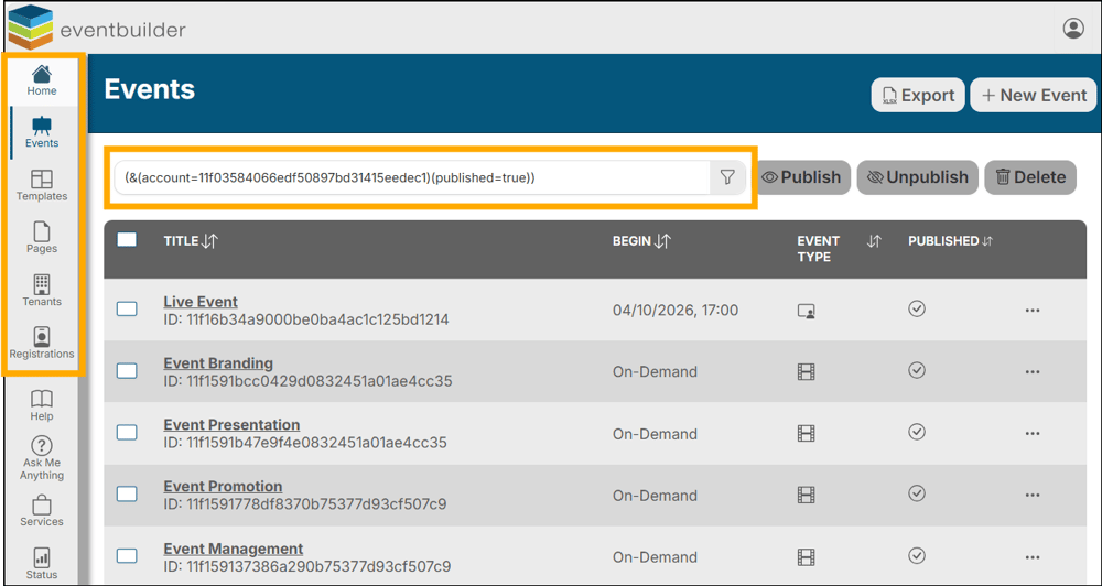 A screenshot of EventBuilder software