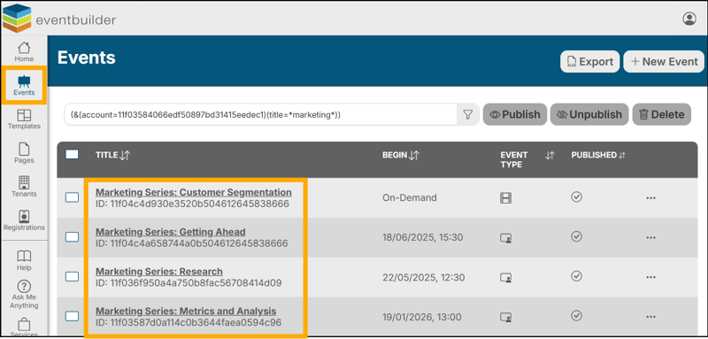 A screenshot of EventBuilder software