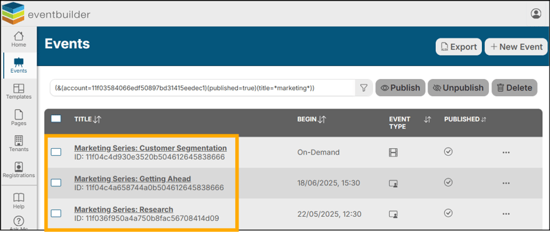 A screenshot of EventBuilder software