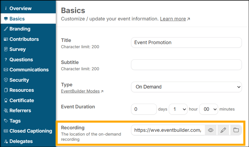 A screenshot of EventBuilder software