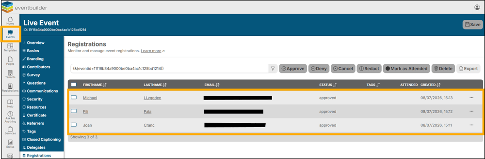 A screenshot of EventBuilder software