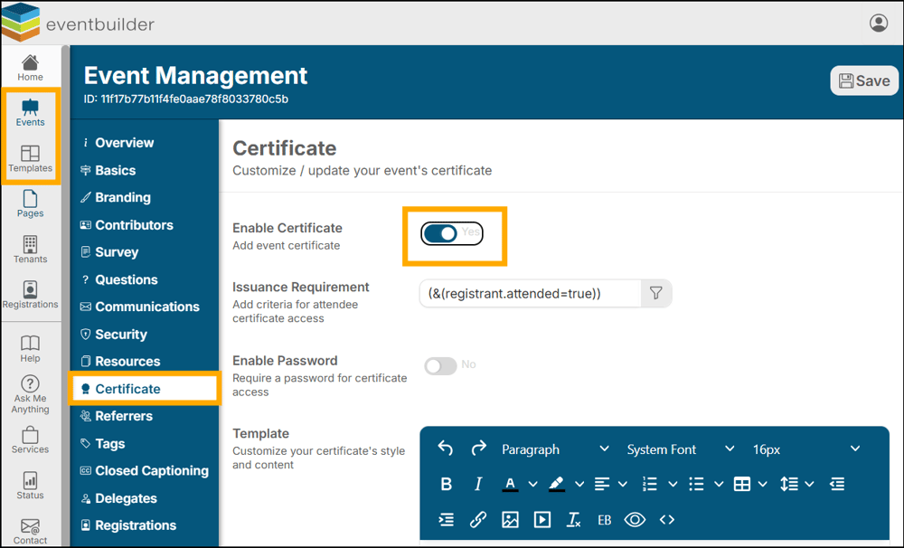 A screenshot of EventBuilder software