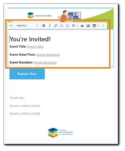 Screenshot: email customization area with HTML editor shown.