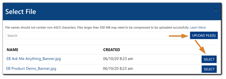 Screenshot: 'Select File' dialog with 'Upload Filles' and 'Select' buttons highlighted.