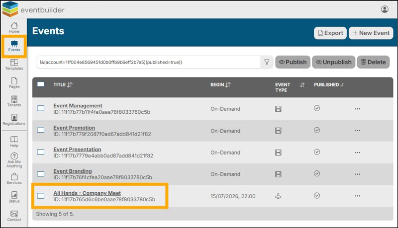 A screenshot of EventBuilder software