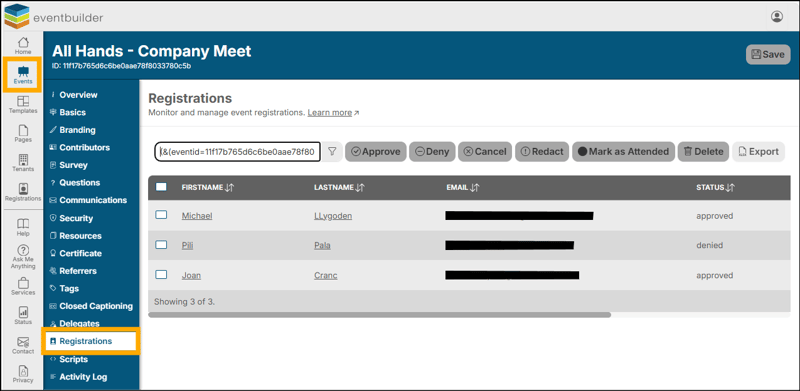 A screenshot of EventBuilder software