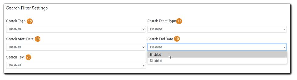 Screenshot: Search Filter Settings-Search Tags, Search Event Type, Search start Date, Search End Date, Search Text.