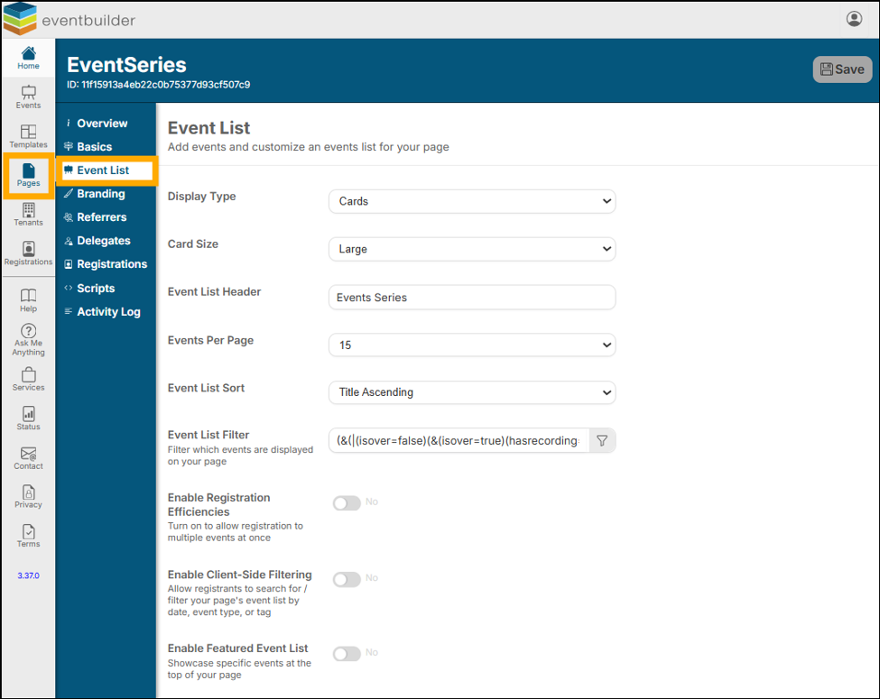 A screenshot of EventBuilder software