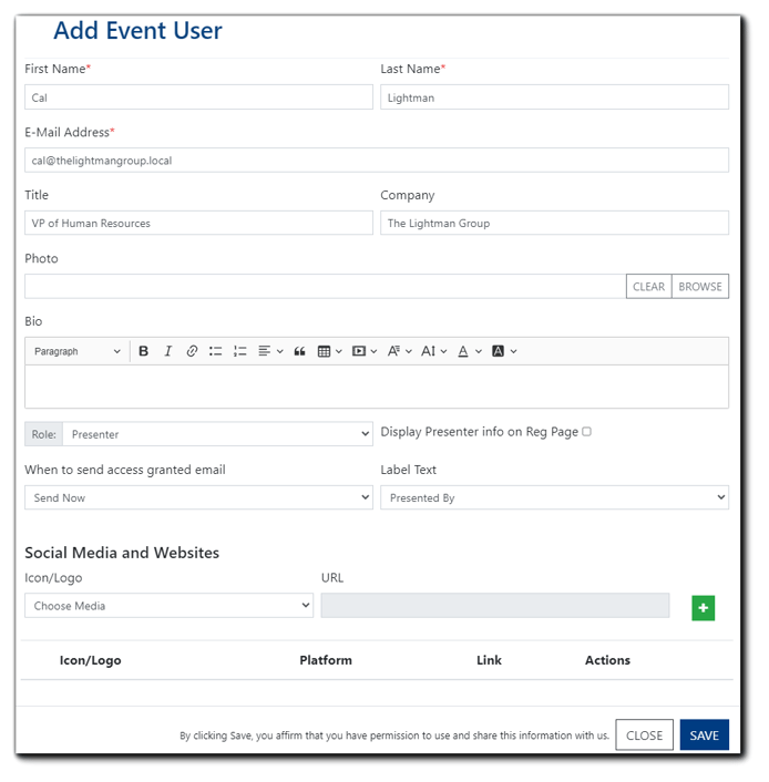 Screenshot: Add Event User window - where Organizers can add Presenters/Moderators and their title, company photo, and bio, presenter social media and website profiles, and hosted/presented by to their Event.