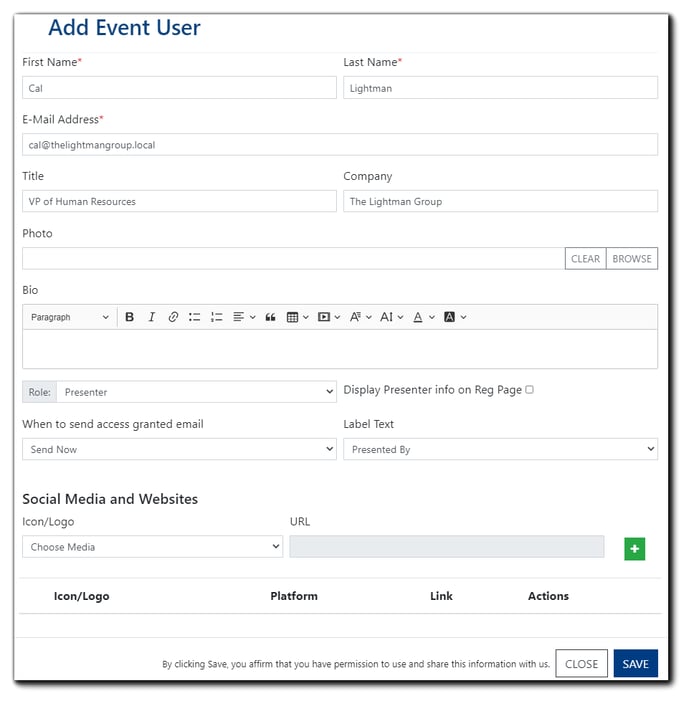 Screenshot: Add Event User window - where Organizers can add Presenters/Moderators and their title, company photo, and bio, presenter social media and website profiles, and hosted/presented by to their Event.