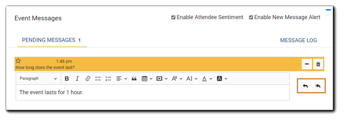 Screenshot: Open text editor below question for Moderator response. The single arrow and double arrow icons are highlighted.