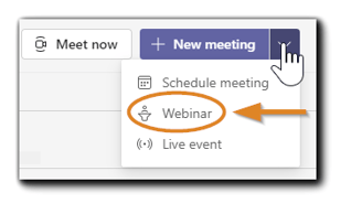 Screenshot: Microsoft Teams Meeting dropdown menu with 'Webinar' option highlighted.