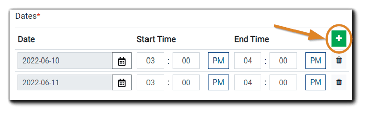 Screenshot: Option for adding additional dates and/or times to your In-Person-Event.