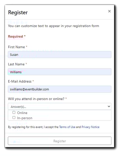 Screenshot: Registration form with the dropdown options for Online or In-person attendance displayed.