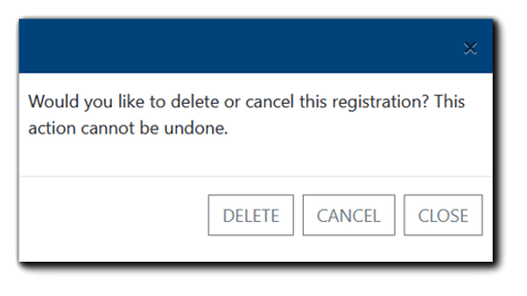Screenshot: Cancel/Delete Registration or Registrant record confirmation window.