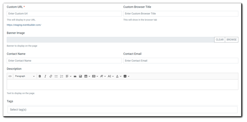 Screenshot: Pages Set Up Step Dialog: Custom URL, Custom Browser Title, Banner Image, Contact Name, Contact Email, Description, Tags.