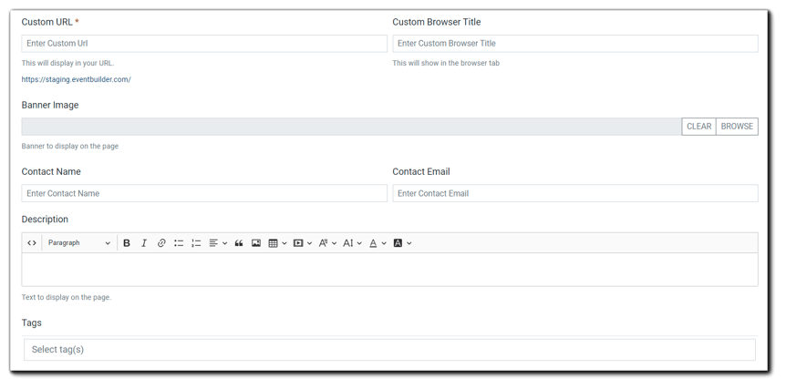 Screenshot: Pages Set Up Step Dialog: Custom URL, Custom Browser Title, Banner Image, Contact Name, Contact Email, Description, Tags.