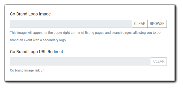 Screenshot: Co-Brand Logo Image field with Clear/Browse buttons, Co-Brand Logo URL Redirect field with 'Clear' button.