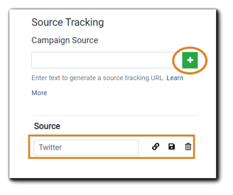 Screenshot: Source Tracking dialog, with green add button and Source list highlighted.