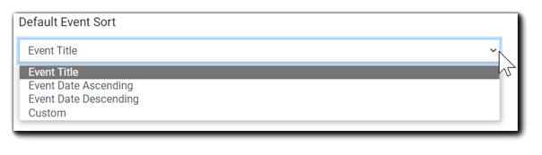 Screenshot: Default Event Sort dropdown: Event Title, Event Date Ascending, Event Date Descending, Custom.