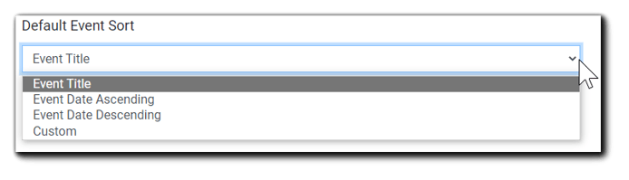 Screenshot: Default Event Sort dropdown: Event Title, Event Date Ascending, Event Date Descending, Custom.