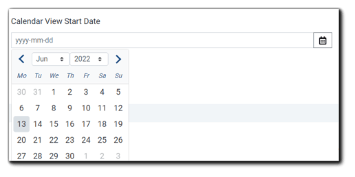 Screenshot: Calendar View Start Date selection dialog with calendar picker displayed.
