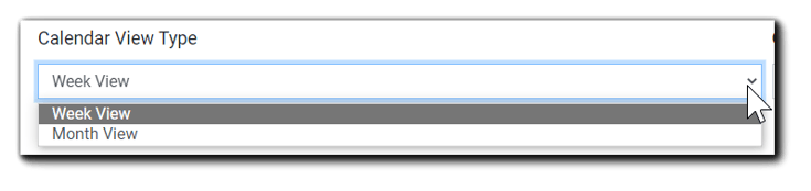 Screenshot: Calendar View Type dropdown: Week View / Month View.