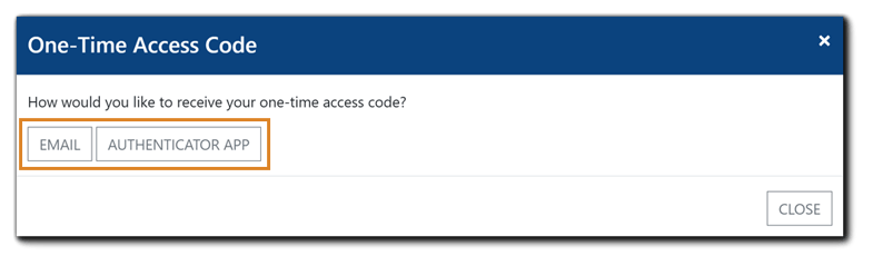 Screenshot: One-Time Access Code popup with 'Email and Authentication App' buttons highlighted.