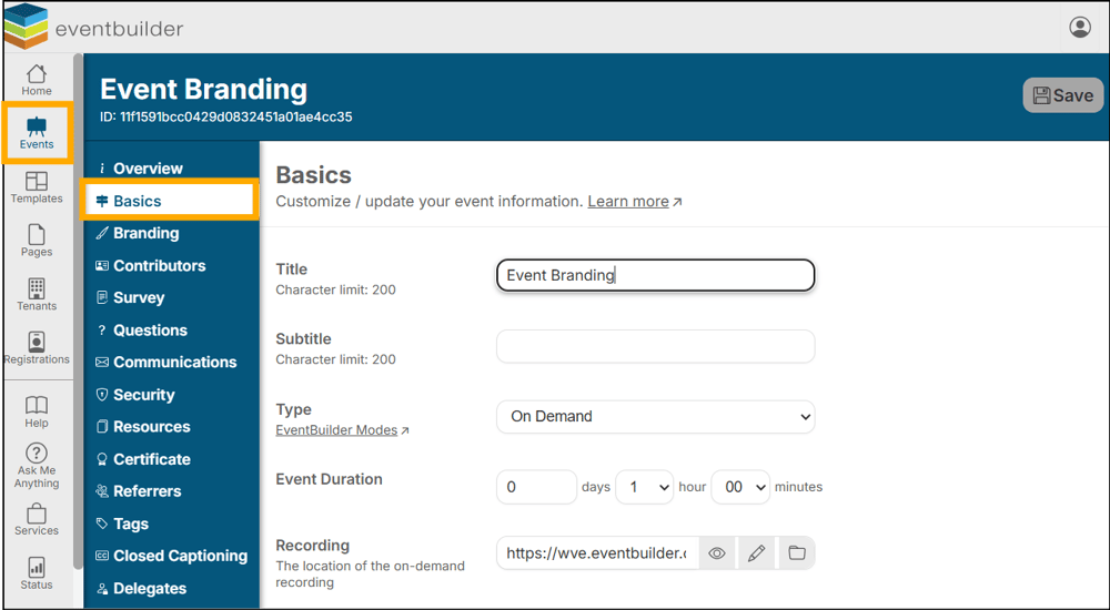 A screenshot of EventBuilder software