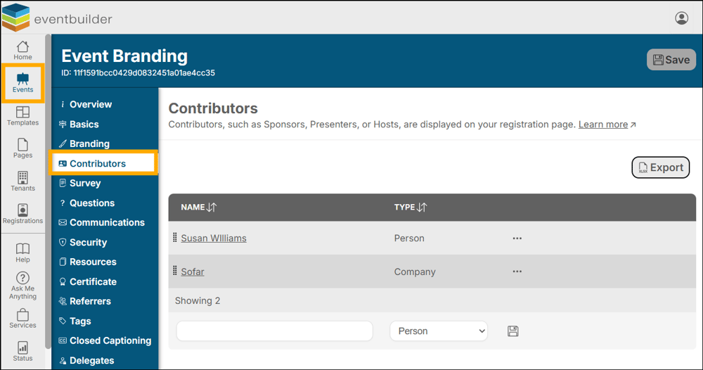 A screenshot of EventBuilder software