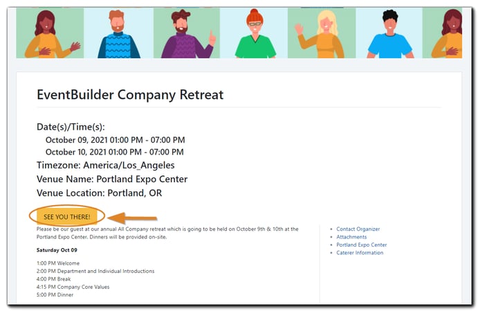 Screenshot: Sample Registration page with customized Registration Button Label. Label reads, "See you there!"