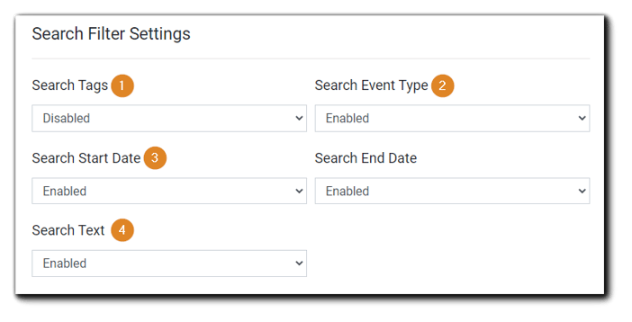 Screenshot: Search Filter Settings dialog - numbered 1-4. Search Tags Search Event Type, Search Start Date/End Date, Search Text.