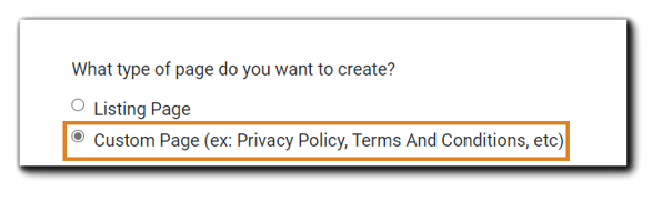 Screenshot: 'What type of page do you want to create?' dialog, with the Custom Page option highlighted.