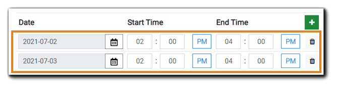 Screenshot: Date, Start Time, End Time fields for choosing in-person event times. Green plus sign and trash icon are also displayed.