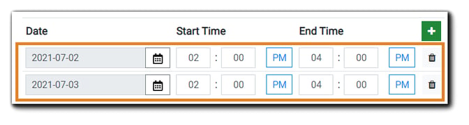 Screenshot: Date, Start Time, End Time fields for choosing in-person event times. Green plus sign and trash icon are also displayed.