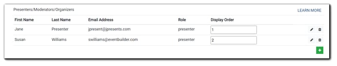 Screenshot: Presenter/Moderator/Organizer area: fields for First Name, Last Name, Email Address, Role, Display Order, pencil icon (edit) and trash icon.