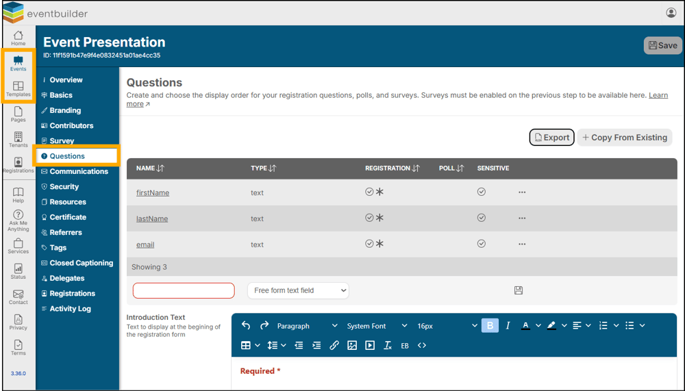 A screenshot of EventBuilder software