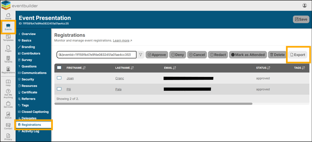 A screenshot of EventBuilder software