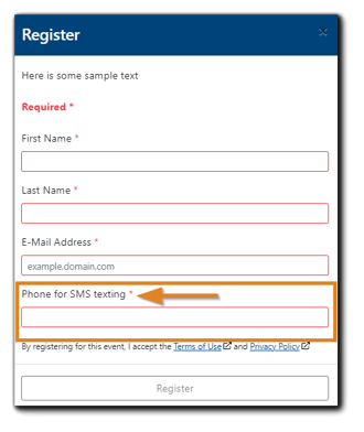 Screenshot: Registration dialog with 'Phone for SMS texting*' highlighted.