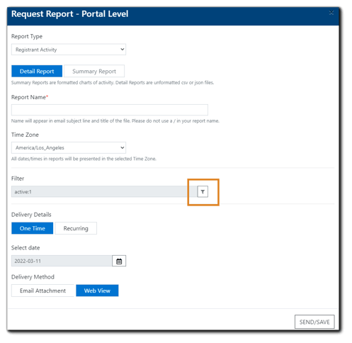 Screenshot: Request Report - Portal Level dialog with 'Filter' icon highlighted.