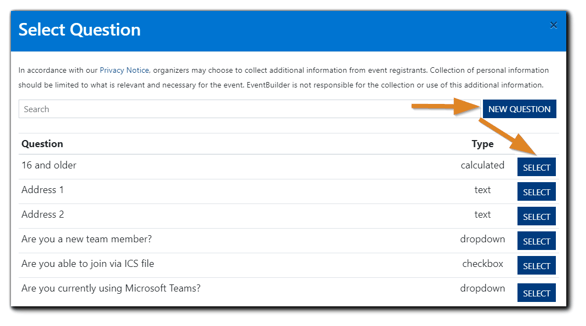 Screenshot: Select Question window with the 'New Question' and 'Select' buttons highlighted.